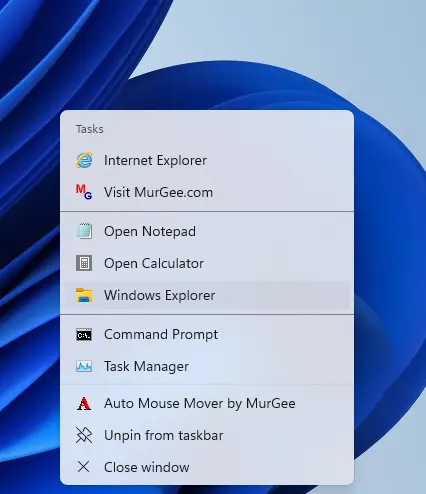 Default Jump List of Auto Mouse Mover on Windows 11