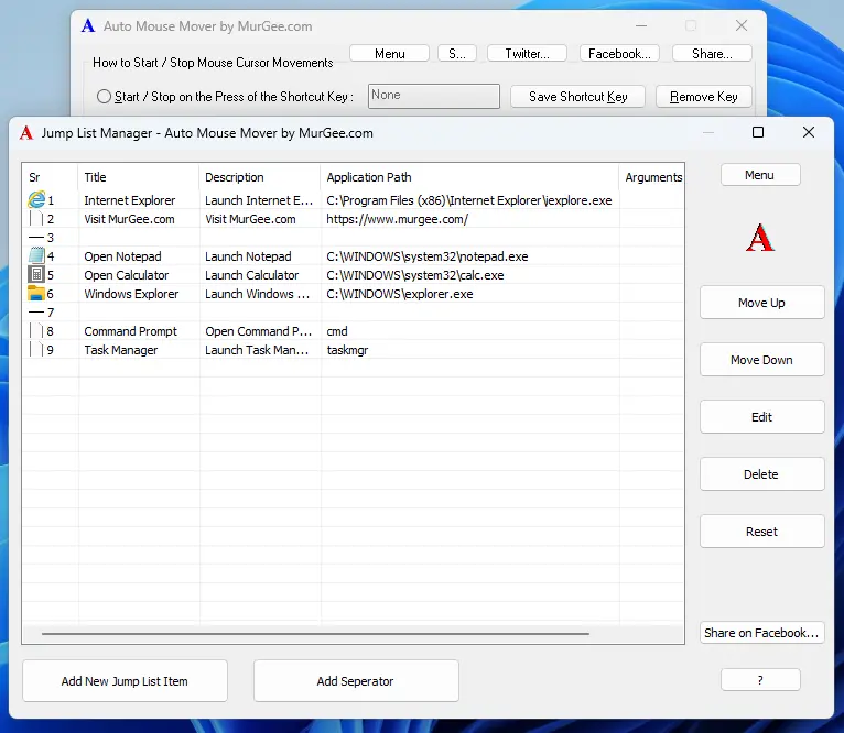 Manage Jump List of Auto Mouse Mover