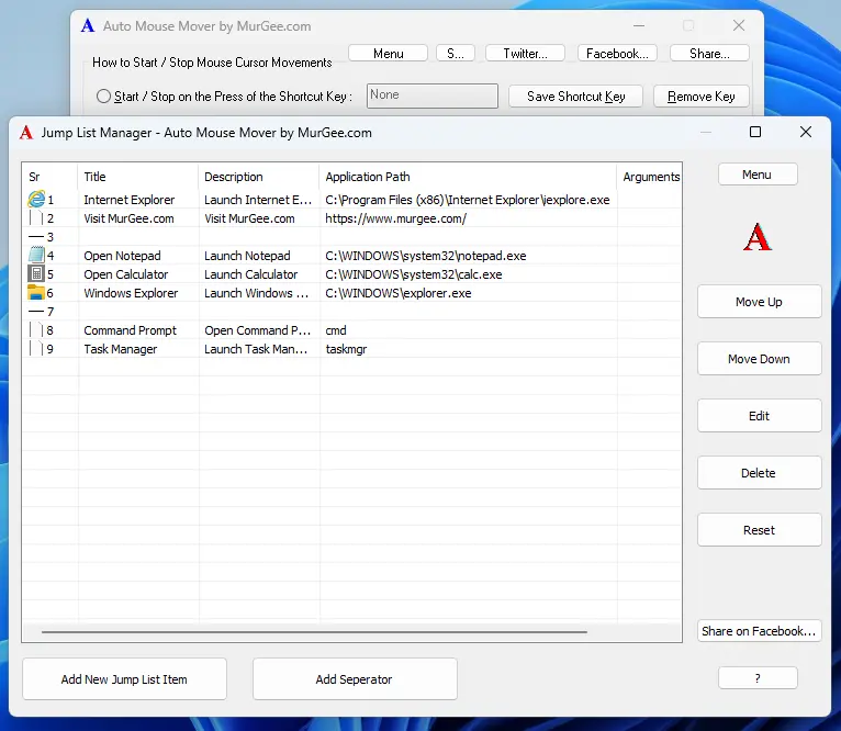Manage JumpList of Auto Mouse Mover