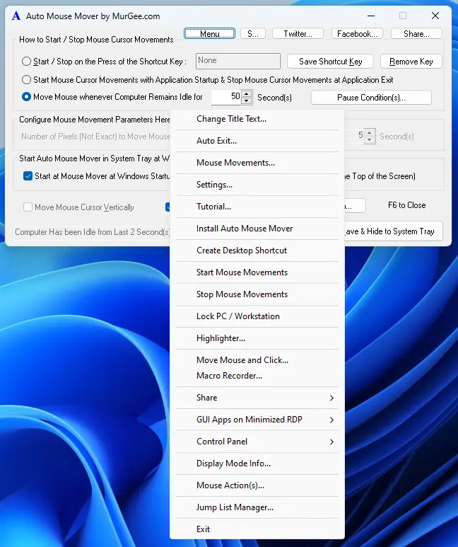 Right Click Menu of Auto Mouse Mover